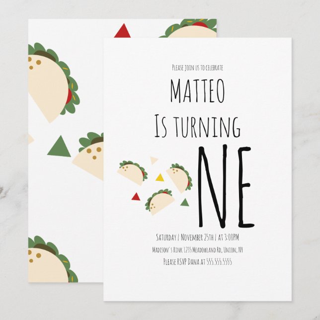 Invitation pour le premier anniversaire de Taco Mo (Devant / Derrière)