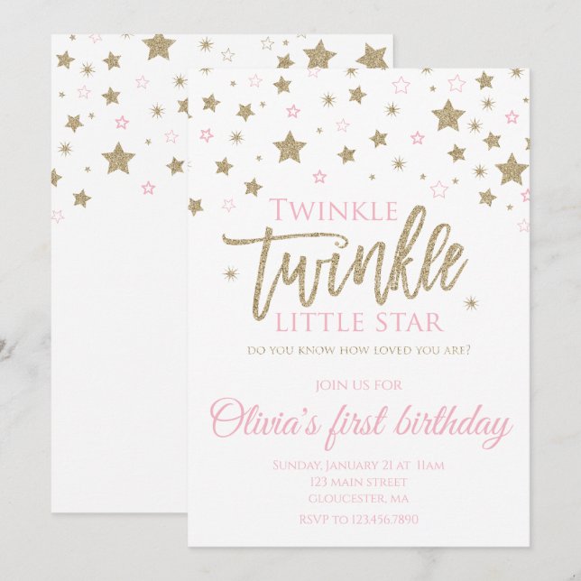 Invitation pour le premier anniversaire de Twinkle (Devant / Derrière)