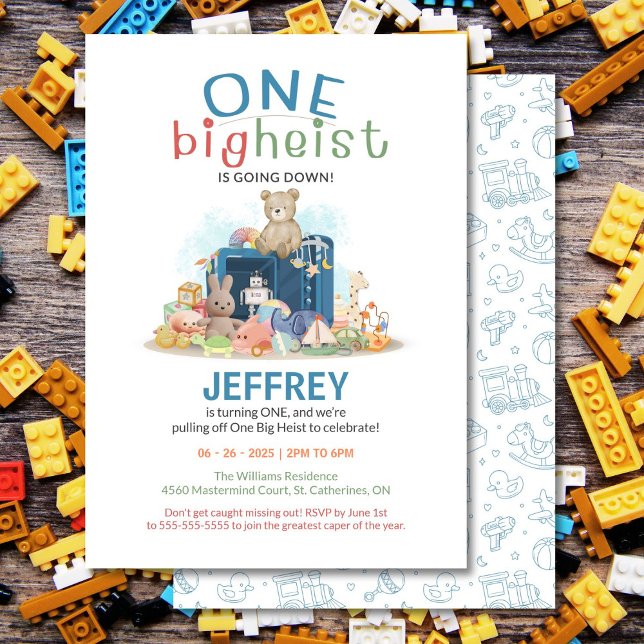 Invitation pour le premier anniversaire de UN Gros (One Big Heist birthday invite for a fun, toy heist first celebration!)