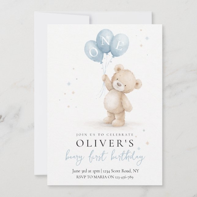 Invitation pour le premier anniversaire d'ours (Devant)