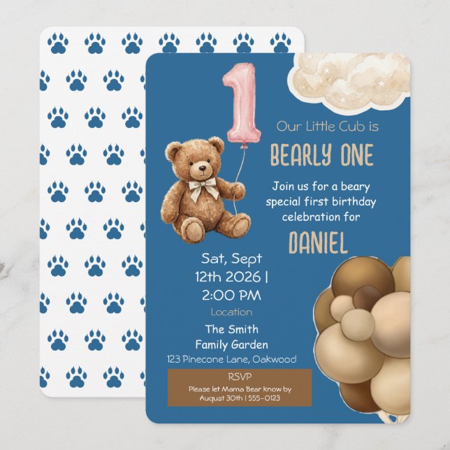 Invitation pour le premier anniversaire d'ourson B (Devant / Derrière)