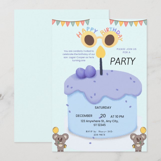 Invitation pour le premier anniversaire d'un adora (Devant / Derrière)