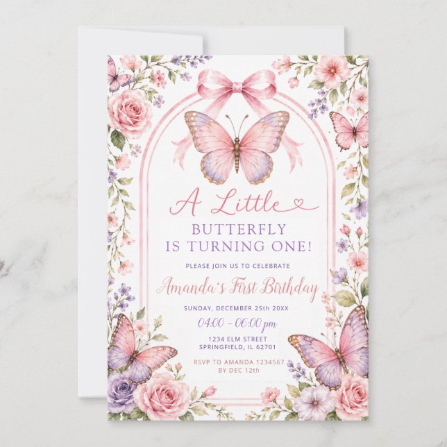 Invitation pour le premier anniversaire Papillon R (Devant)