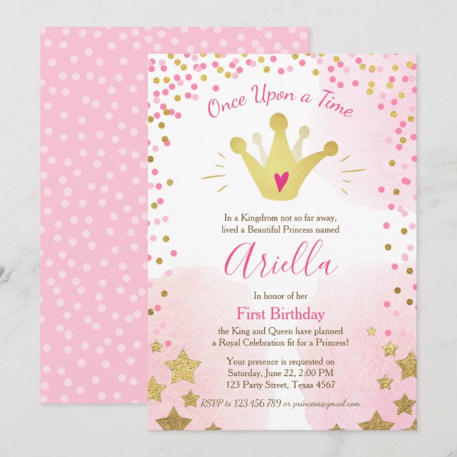 Invitation pour le premier anniversaire Princesse  (Devant / Derrière)