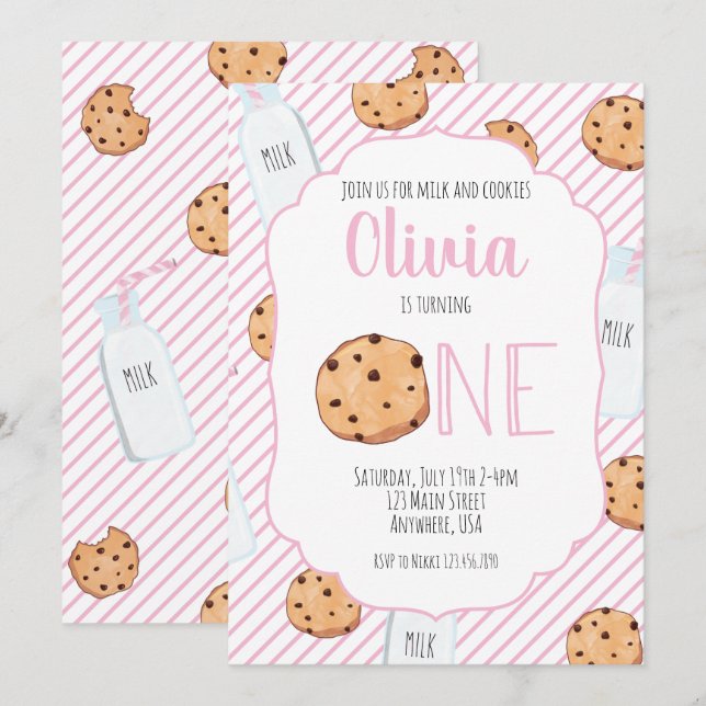 Invitation pour le premier anniversaire rose avec  (Devant / Derrière)