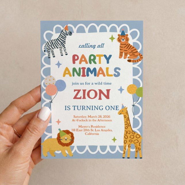 Invitation pour le premier anniversaire Safari Par (Party Animals safari invitation for a fun and adventurous boy’s first birthday. 🦁🎉🌿)