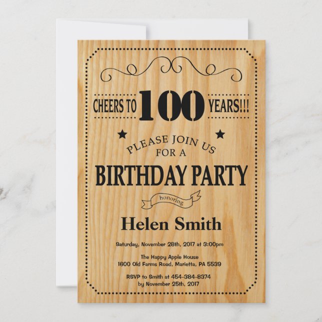 Invitation pour les 100 ans Anniversaire Bois Rust (Devant)