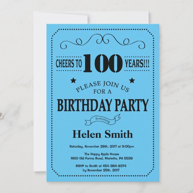 Invitation pour les 100 ans Anniversaire Noir et B (Devant)