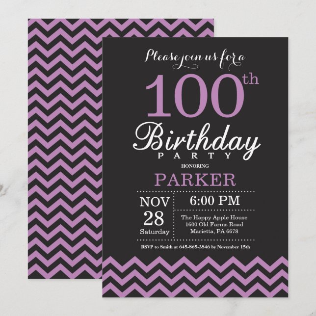 Invitation pour les 100 ans Anniversaire Noir et V (Devant / Derrière)