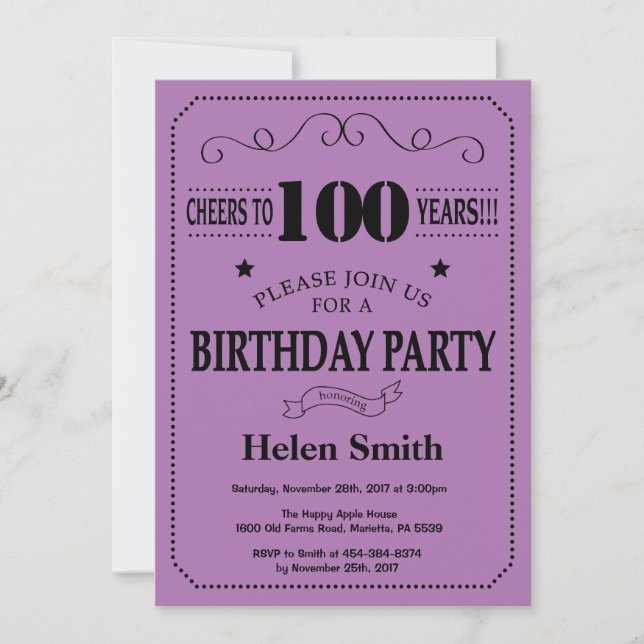 Invitation pour les 100 ans Anniversaire Noir et V (Devant)