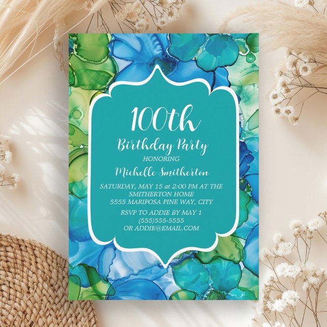 Invitation pour les 100 ans avec aquarelle bleu ve (Blue and green alcohol ink 100th birthday party invitation)