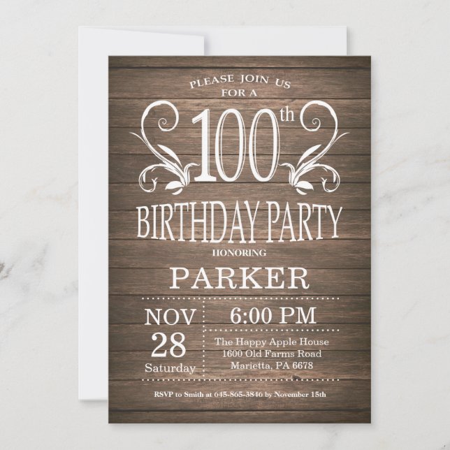 Invitation pour les 100 ans avec fleurs en bois ru (Devant)