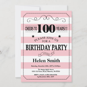 Invitation pour les 100 ans avec rayures roses et