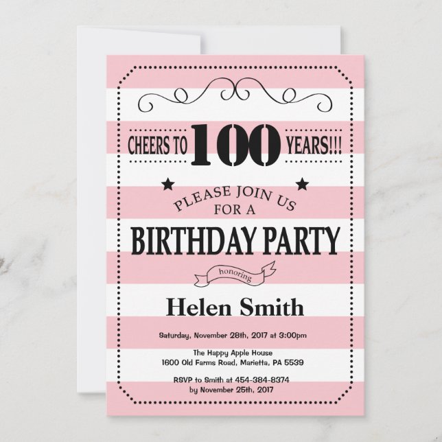 Invitation pour les 100 ans avec rayures roses et  (Devant)