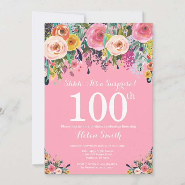 Invitation pour les 100 ans avec surprise florale  (Devant)
