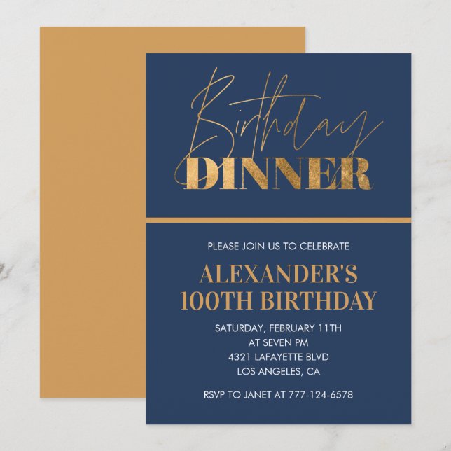 Invitation pour les 100 ans dîner Or Navy (Devant / Derrière)