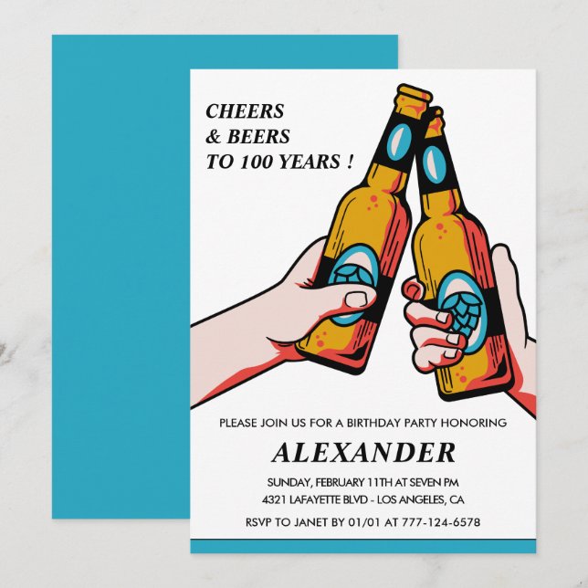Invitation pour les 100 ans Félicitations et Bière (Devant / Derrière)
