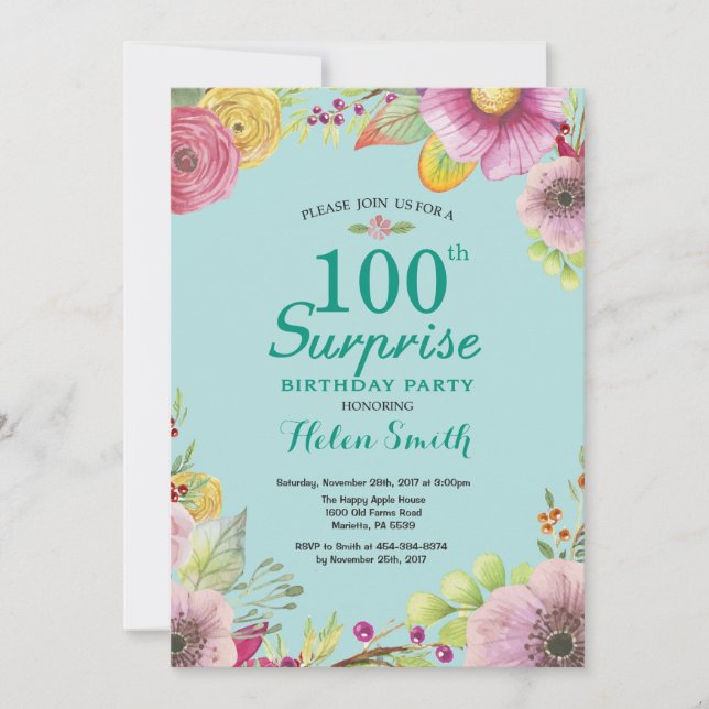 Invitation pour les 100 ans Fleurs Surprise Teal (Devant)