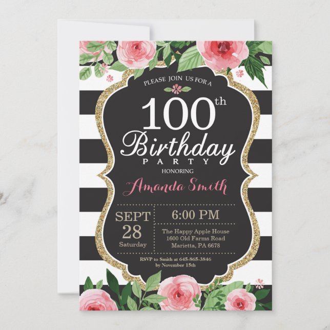 Invitation pour les 100 ans. Floral Or Noir pour f (Devant)