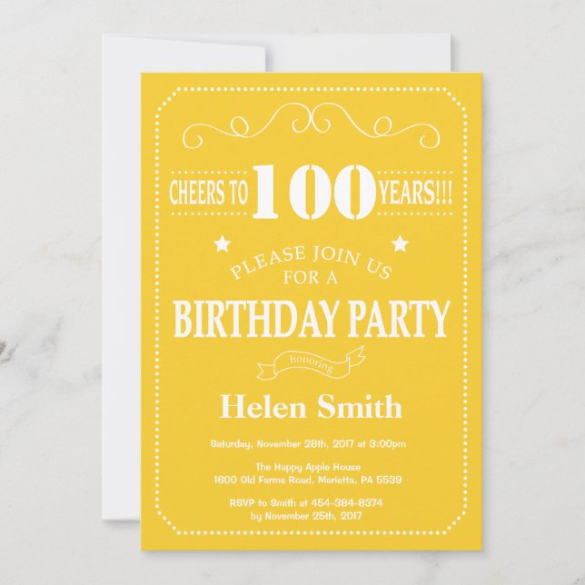 Invitation pour les 100 ans Jaune et Blanc (Devant)