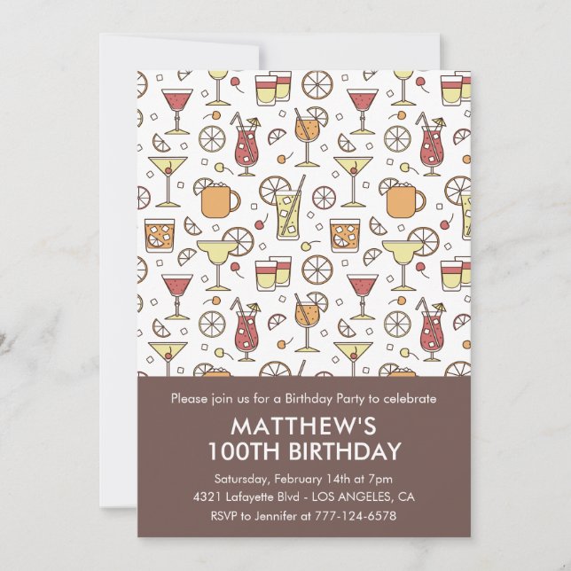 Invitation pour les 100 ans motif cocktail (Devant)