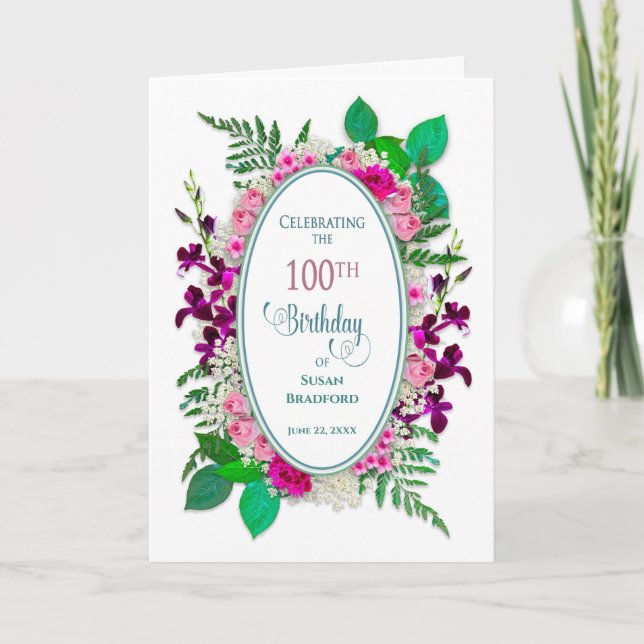 Invitation pour les 100 ans, ovale avec des fleurs (Devant)