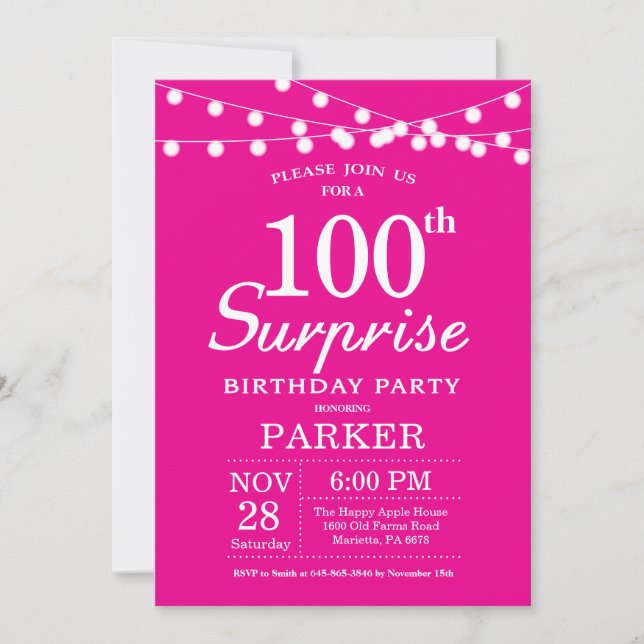 Invitation pour les 100 ans surprise Rose vif (Devant)