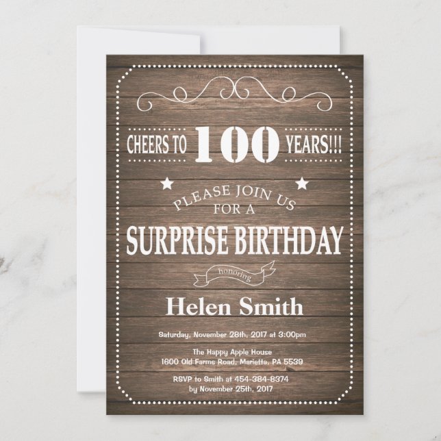 Invitation pour les 100 ans Surprise Rustique (Devant)