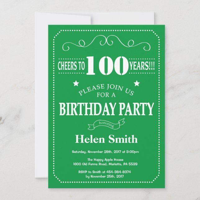 Invitation pour les 100 ans Vert et Blanc (Devant)
