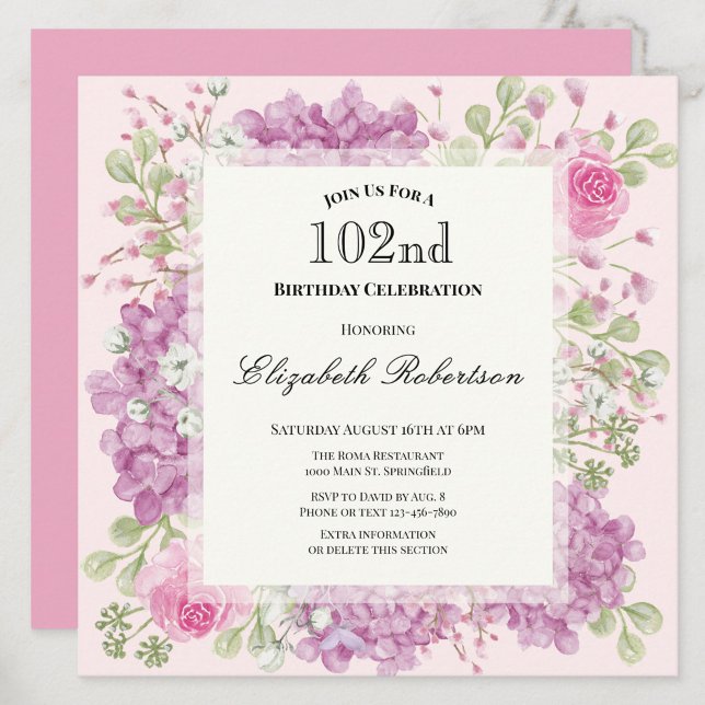 Invitation pour les 102 ans Élégantes Fleurs Roses (Créateur téléchargé)
