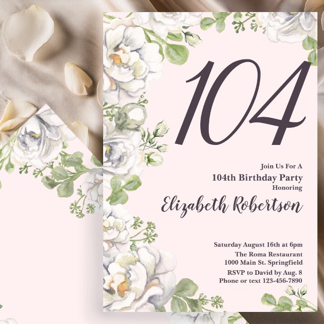 Invitation pour les 104 ans avec fleurs rose poudr (Créateur téléchargé)