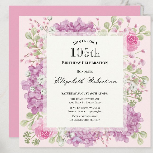 Invitation pour les 105 ans Élégantes Fleurs Roses (Créateur téléchargé)