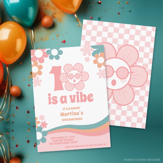 Invitation pour les 10 ans de la fille rétro rose (The front and back of the invitation are shown at 5x7-inch size. Choose size, paper, + corner style.)