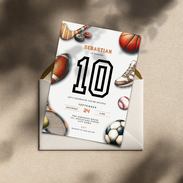 Invitation pour les 10 ans de votre garçon, thème  (All Star Sports 10th birthday invitation for teenager boys)