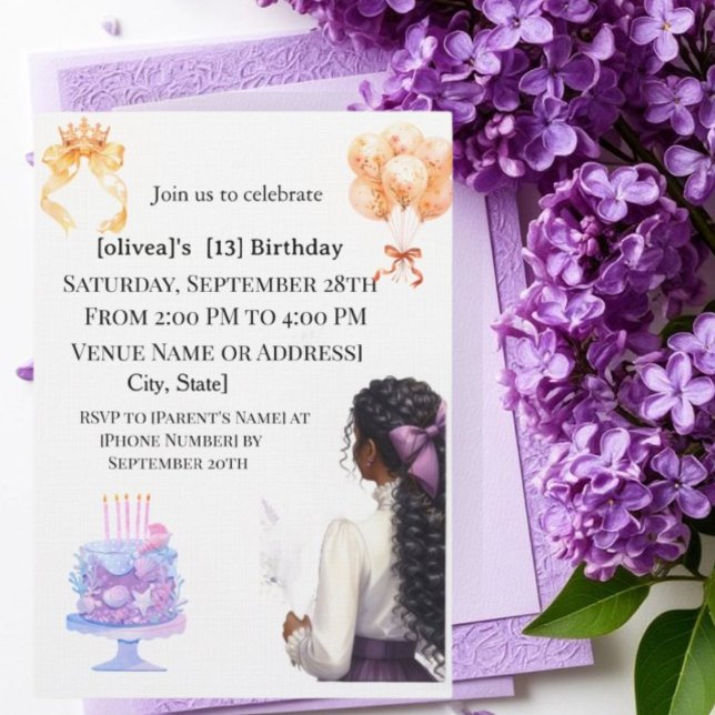 Invitation pour les 13 ans de la fille noire chic  (Créateur téléchargé)