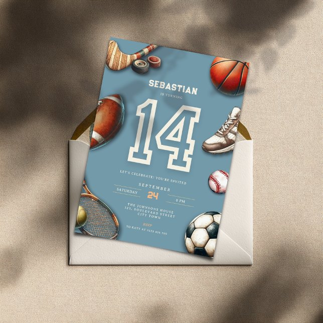 Invitation pour les 14 ans d'un garçon pour une fê (All Star Sports 14th birthday invitation for boys)