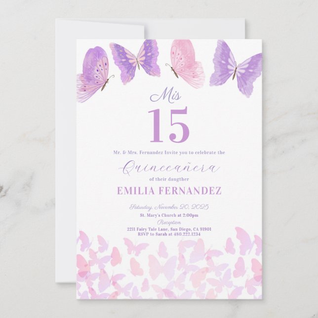 Invitation pour les 15 ans de la Quinceanera Papil (Devant)