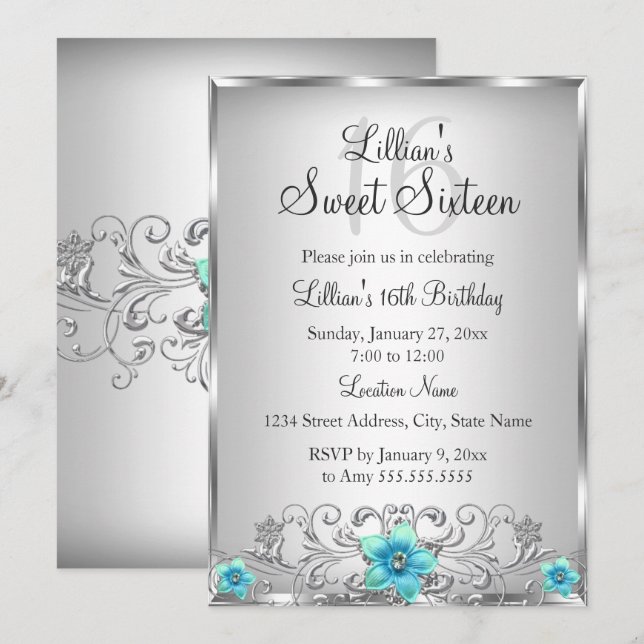 Invitation pour les 16 ans douce Fleur en spirale  (Devant / Derrière)