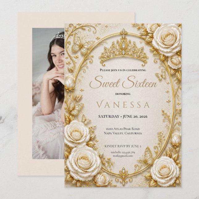 Invitation pour les 16 ans douce Princesse papillo (Devant / Derrière)