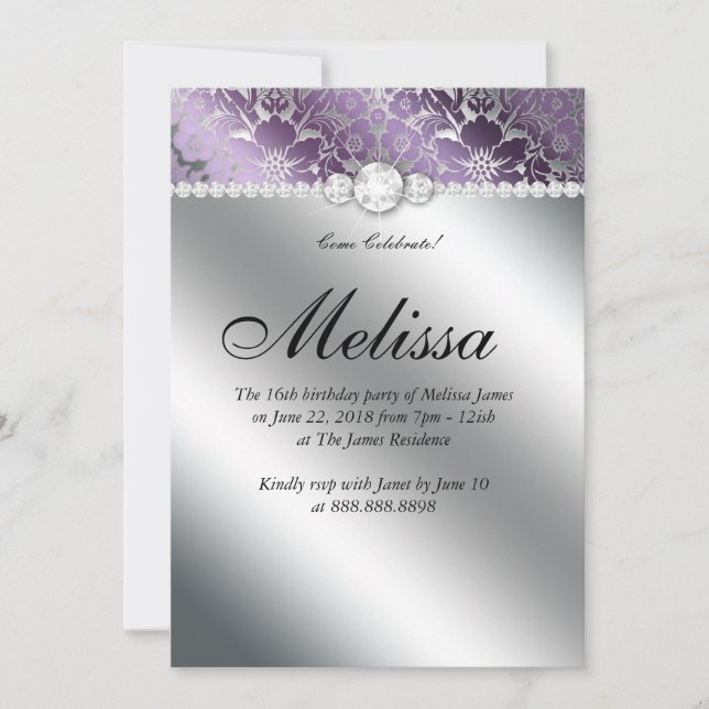 Invitation pour les 16 ans Fleur de Damas Violet A (Devant)