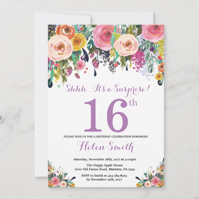 Invitation pour les 16 ans Fleurie Surprise Violet (Devant)