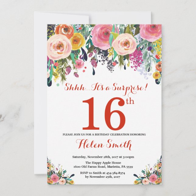 Invitation pour les 16 ans Floral Surprise Rouge (Devant)