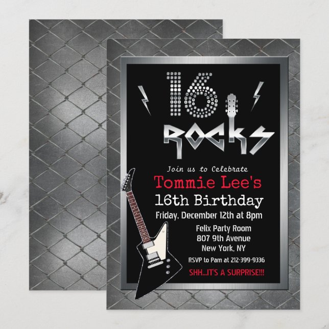 Invitation pour les 16 ans Rockstar Guitar (Devant / Derrière)