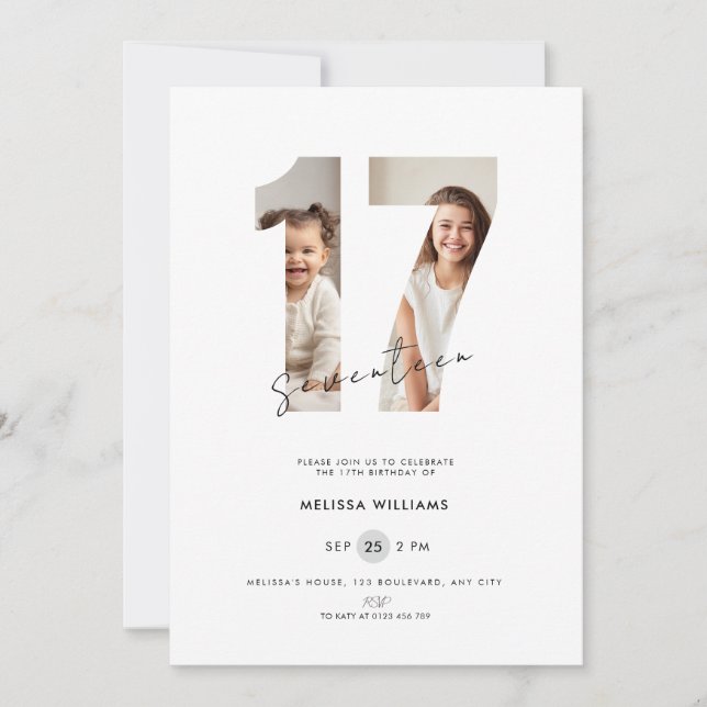 Invitation pour les 17 ans avec Photo - Blanc (Devant)