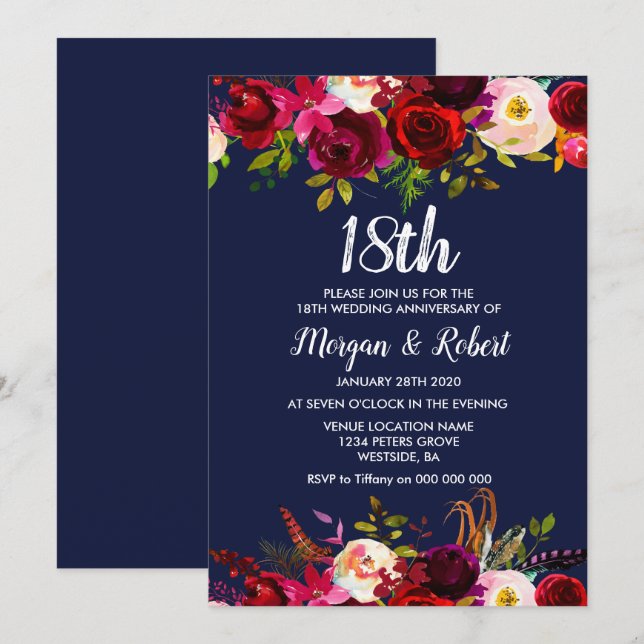 Invitation pour les 18 ans de mariage à fleurs ble (Devant / Derrière)