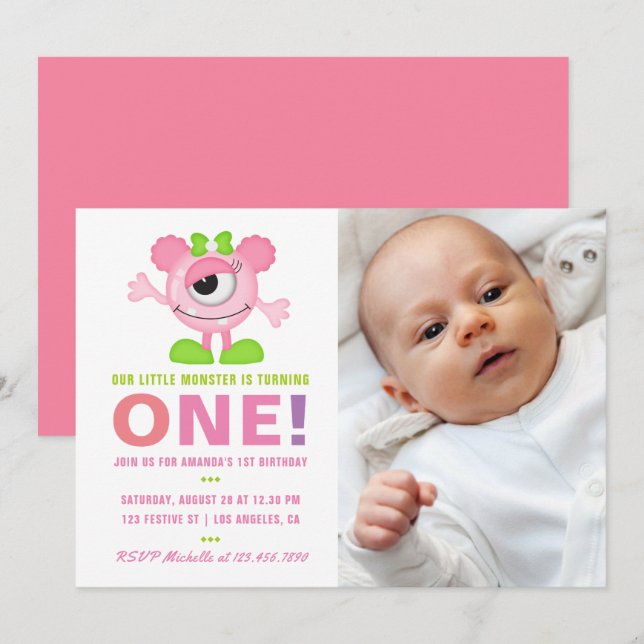 Invitation pour les 1 an de bébé fille petit monst (Devant / Derrière)