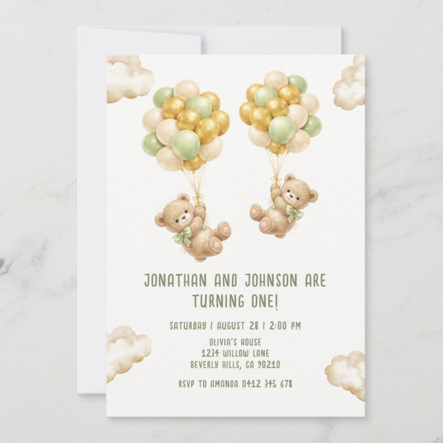 Invitation pour les 1 an de jumeaux avec ours et b (Devant)