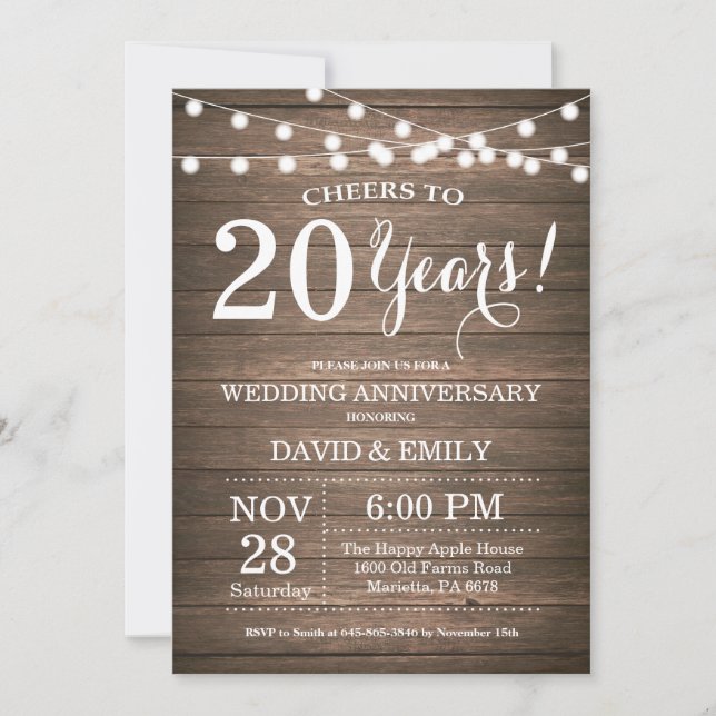 Invitation pour les 20 ans de mariage en bois rust (Devant)