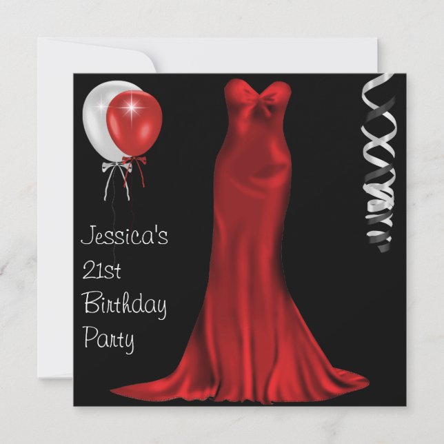 Invitation  pour les 21 ans en noir et blanc avec robe rouge (Devant)