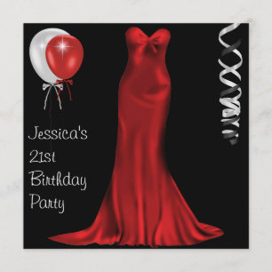 Invitation  pour les 21 ans en noir et blanc avec robe rouge